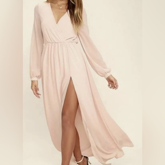 Lulus Dress Womens Small Maxi Gown Blush Pink Slit Long Sleeve‎ V Neck Prom - Picture 7 of 11